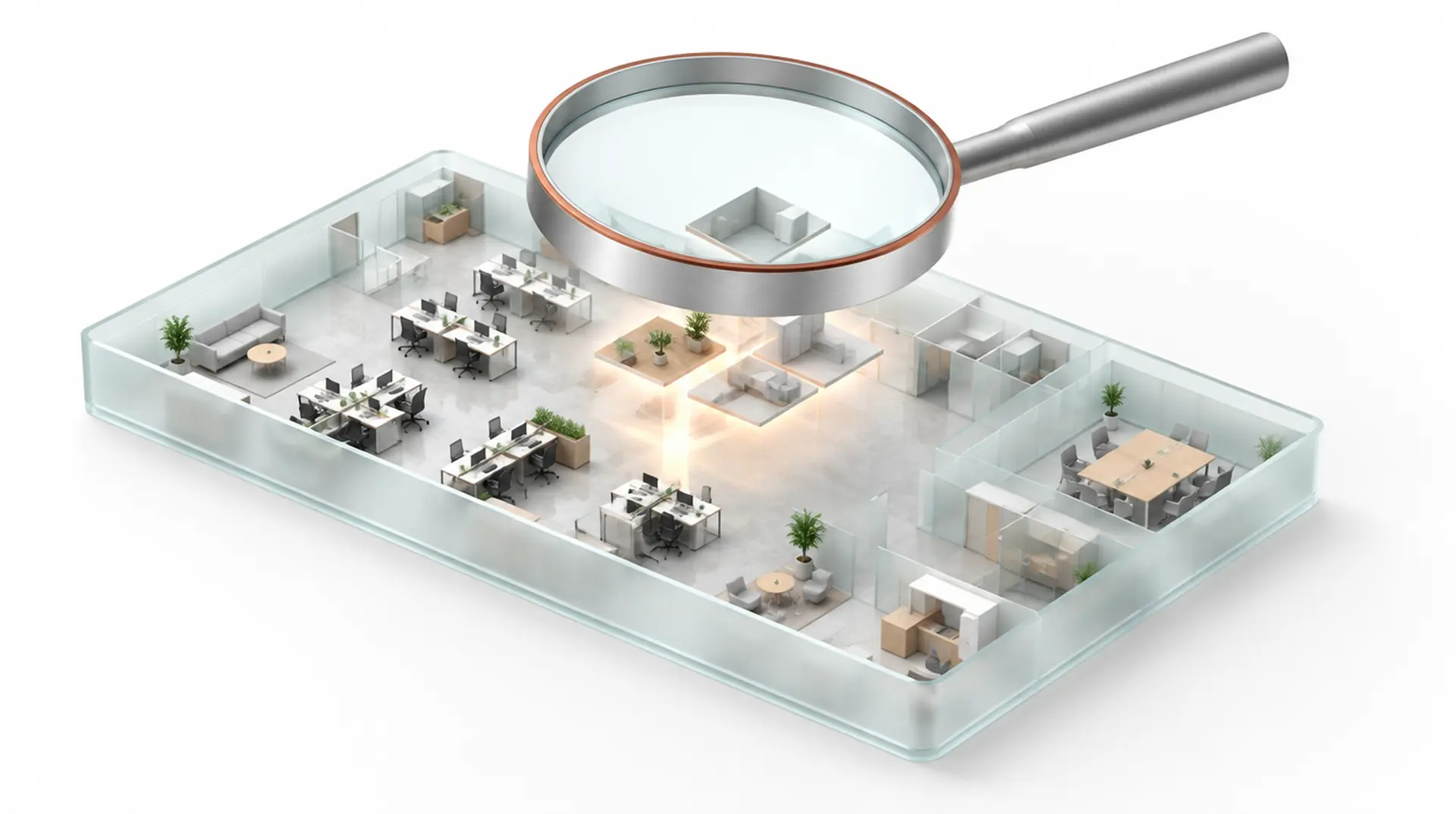 KI-generiertes Bild: Ein Büro-Grundriss als flache Glasschale, darüber eine silberne Lupe, unter der einzelne Felder angehoben sind und leuchten