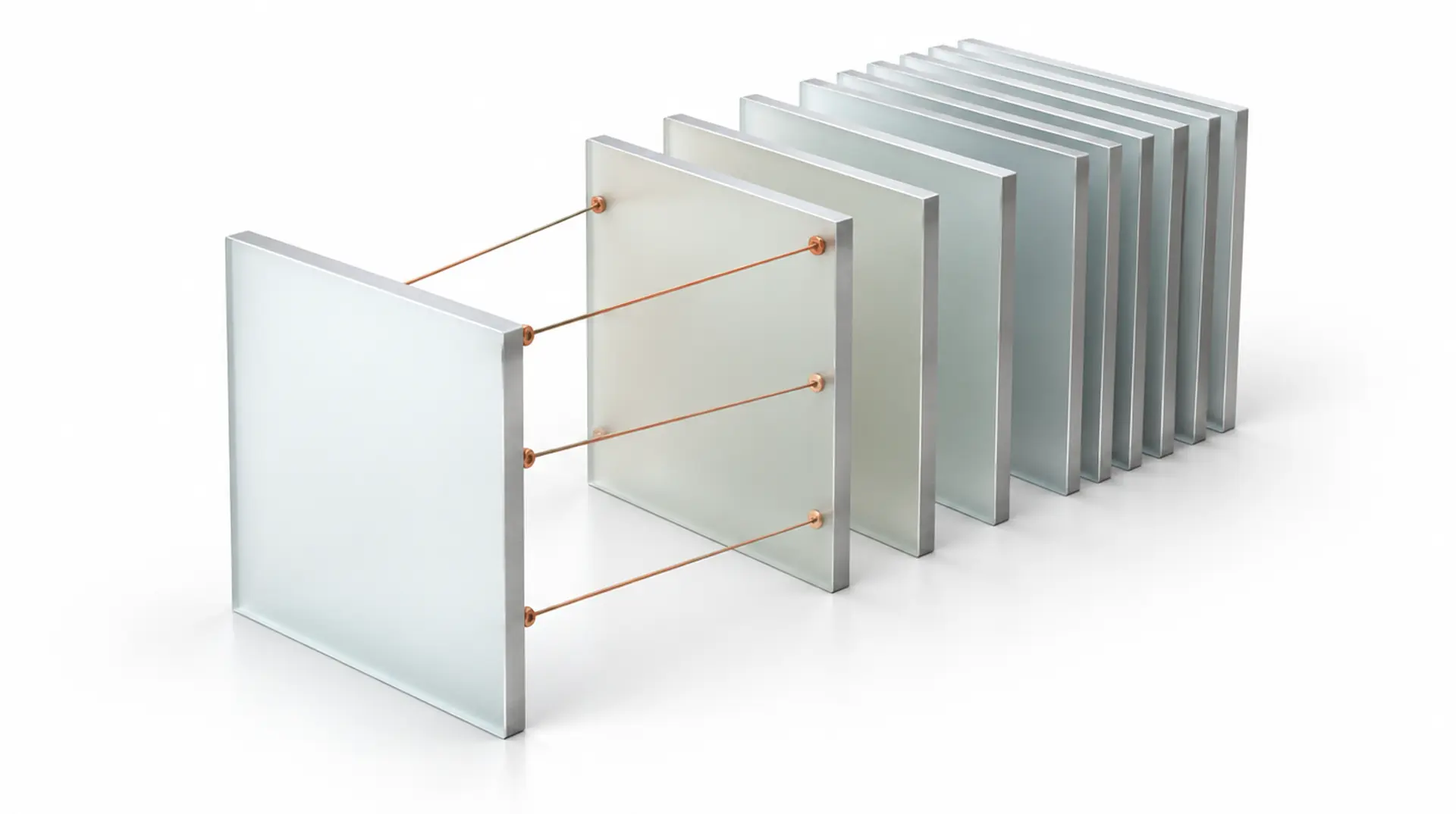 KI-generiertes Bild: Hintereinander gestellte Glasscheiben, die vorderste über Kupferfäden mit den früheren verbunden