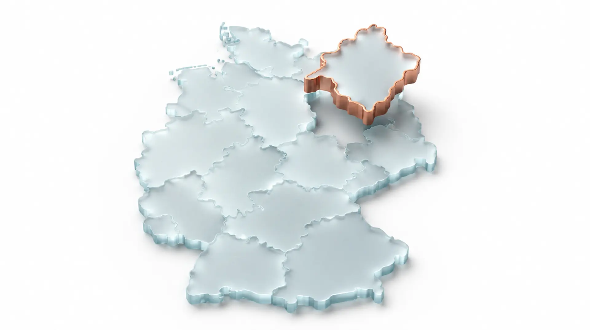 Eine Glaskarte Deutschlands, aus der genau ein Bundesland angehoben und mit Kupfer umrissen ist