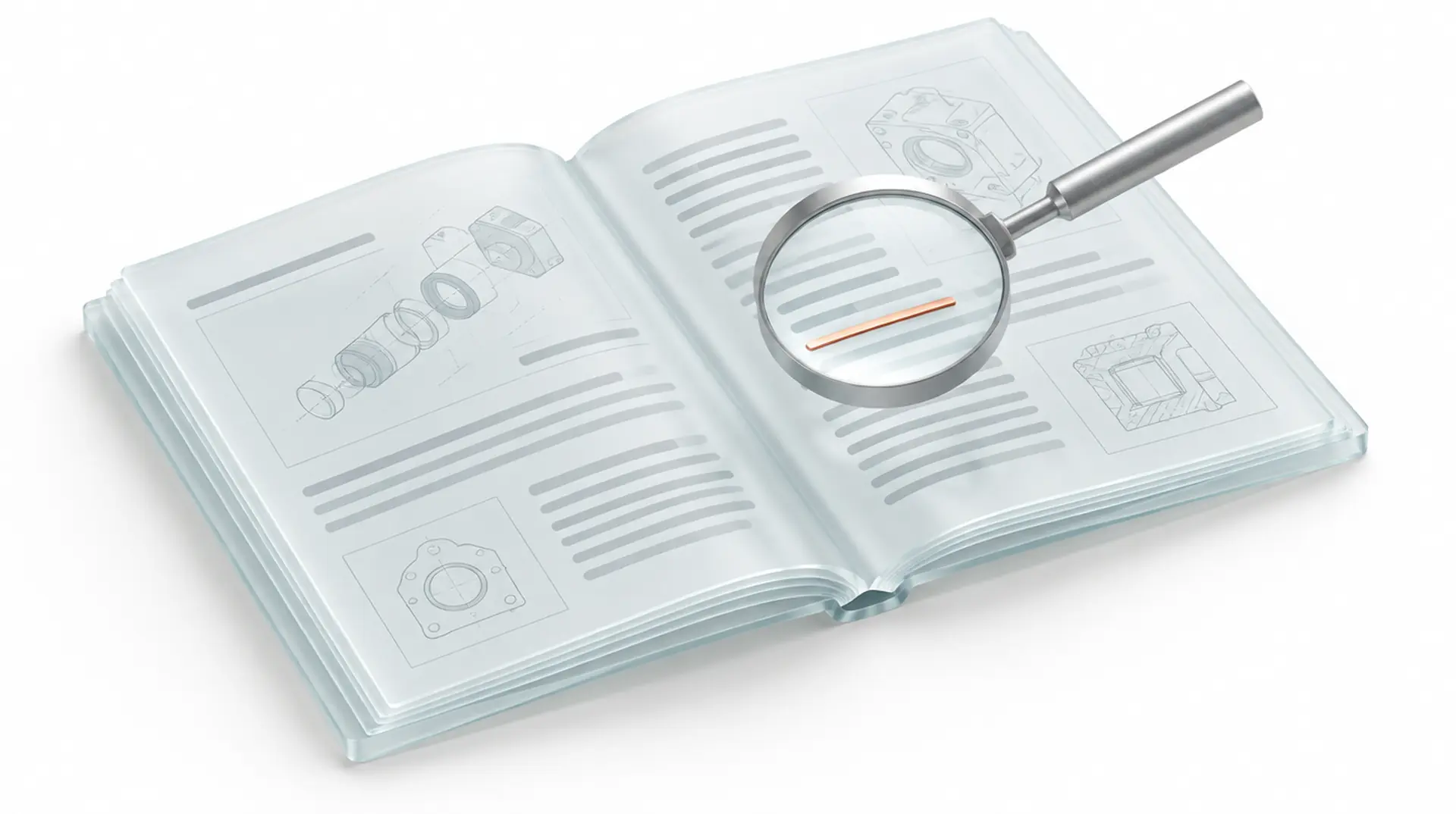 Ein aufgeschlagenes Fachbuch aus Glasseiten, darüber eine silberne Lupe, eine Stelle mit einer Kupferlinie markiert