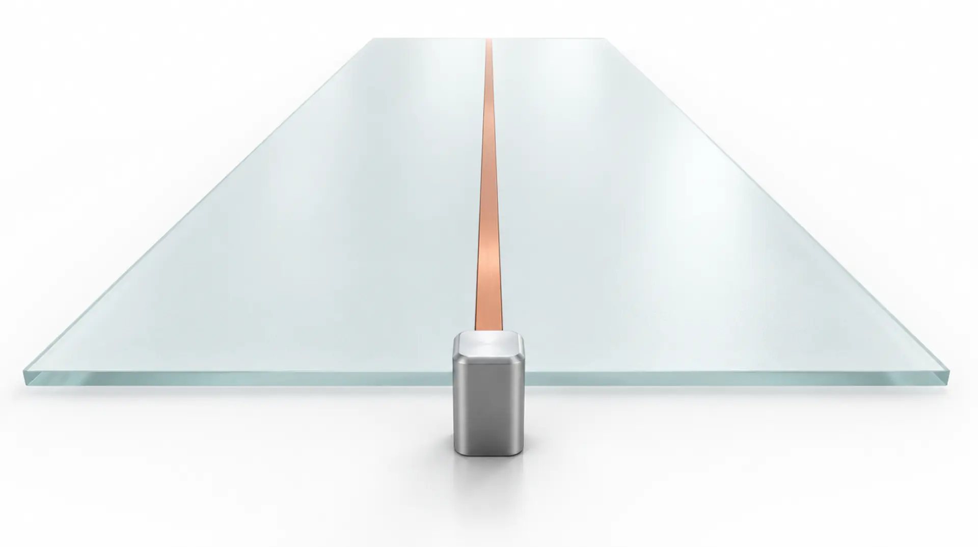 Eine weite Glasfläche mit einer Kupferlinie, die zum Horizont läuft, am vorderen Rand eine kleine Recheneinheit