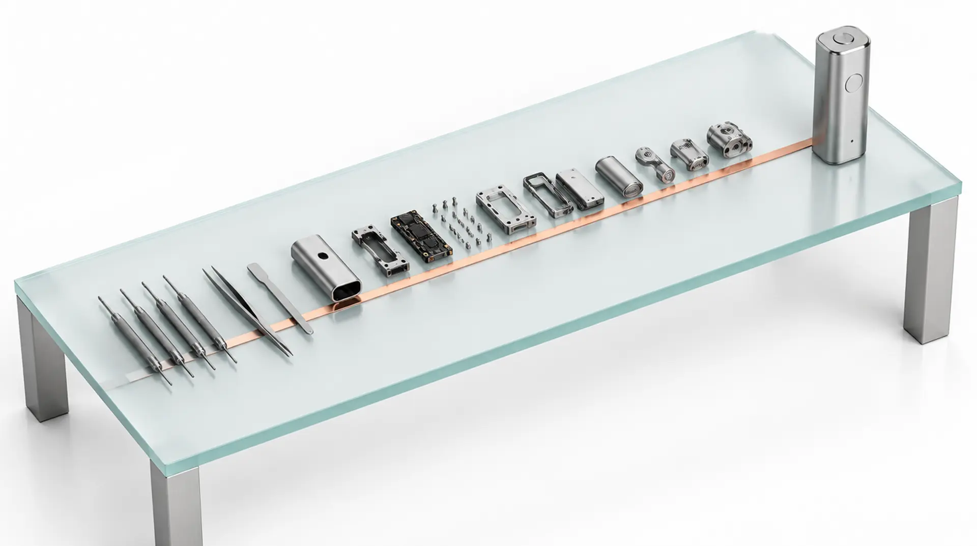 Eine Werkbank aus Glas, Präzisionswerkzeug entlang einer Kupferlinie in strenger Ordnung ausgelegt, am Ende steht eine fertig montierte Einheit