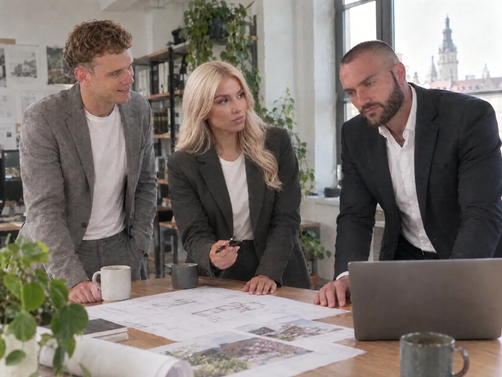 KI-generiertes Bild: Ronja, Eric und Max im Gespräch am Besprechungstisch